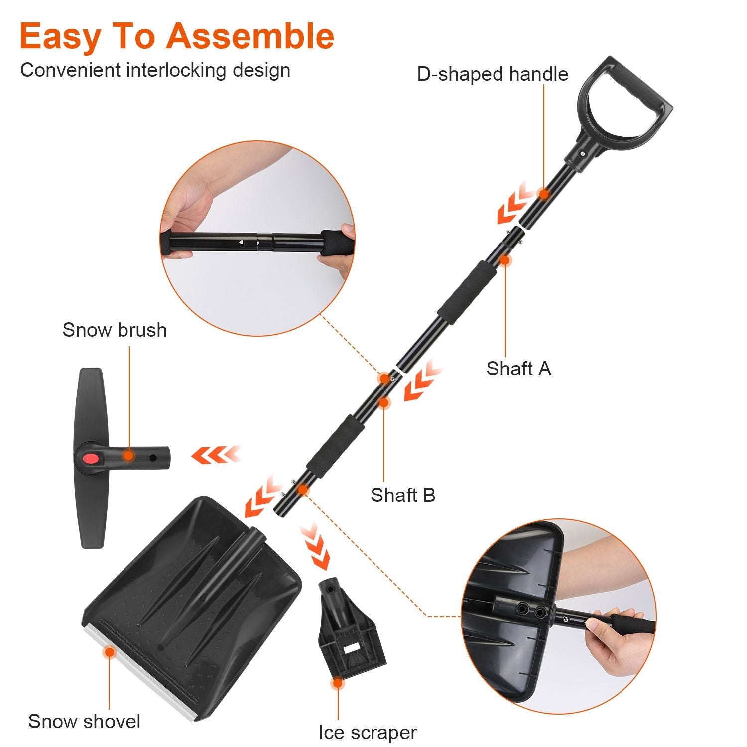Image of a versatile snow removal tool kit featuring a snow shovel, snow brush, and ice scraper, highlighting its easy to assemble interlocking design with labeled components including D-shaped handle, Shaft A, and Shaft B.
