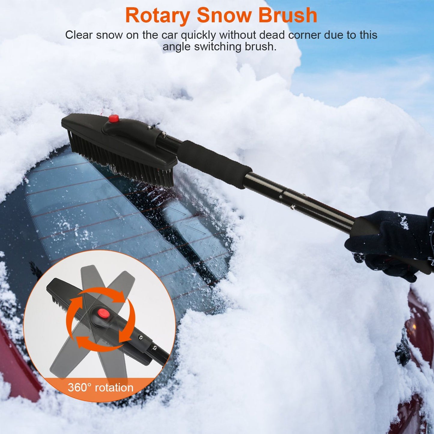 Rotary snow brush removing snow from a car's rear windshield, featuring a 360-degree rotating head for efficient cleaning in winter conditions.