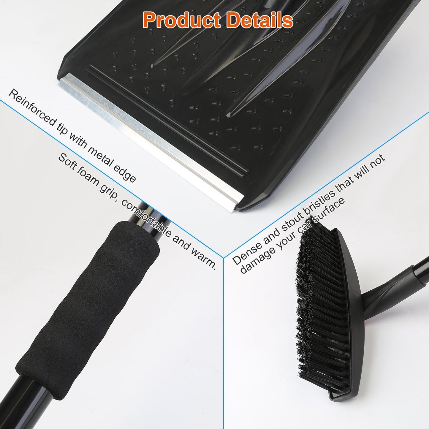 Product image showcasing a snow shovel with a reinforced metal tip, soft foam grip for comfort, and durable bristles designed to protect car surfaces, highlighting key features for effective snow removal and ease of use.