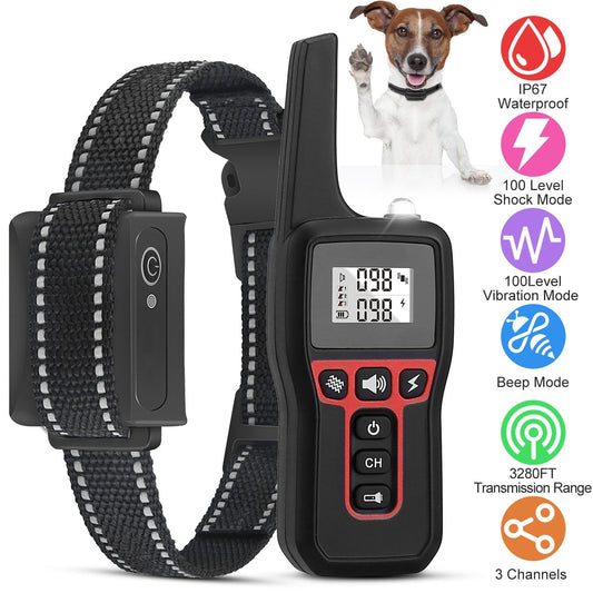 Dog training collar with remote, featuring IP67 waterproof rating, 100 levels of shock and vibration modes, beep option, and a 3280FT transmission range, designed for effective communication and training.