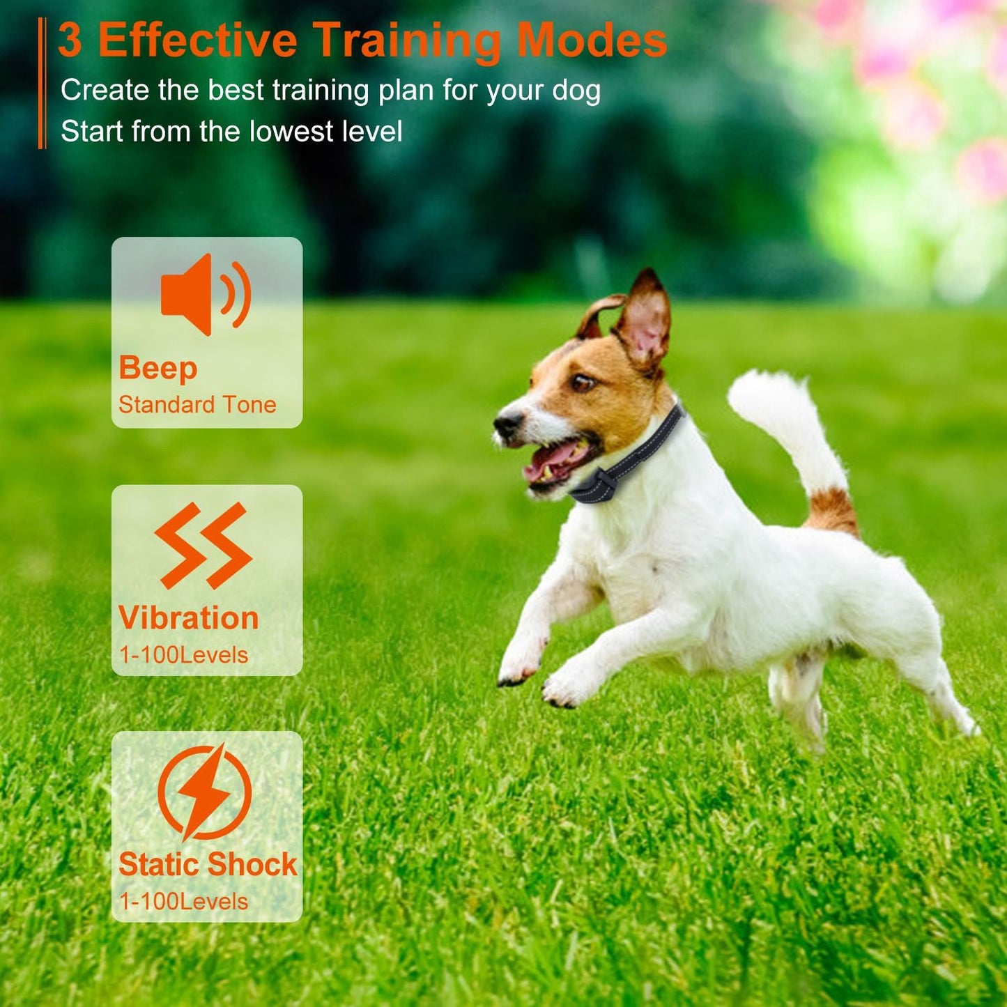 Dog training collar with beep, vibration, and static shock modes, featuring a happy dog running on grass, showcasing effective training options for pet owners.