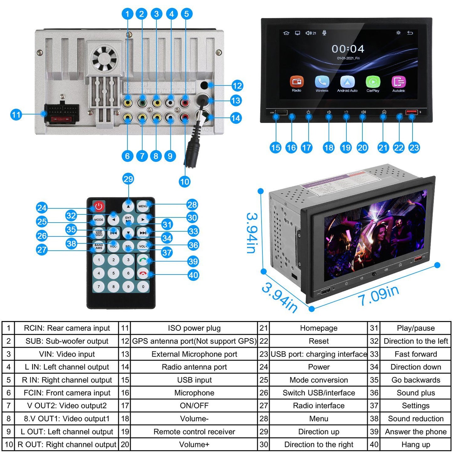 Car stereo receiver with 7-inch touchscreen display, remote control, and multiple input/output ports for easy connectivity and multimedia access, dimensions 3.94 x 7.09 inches.