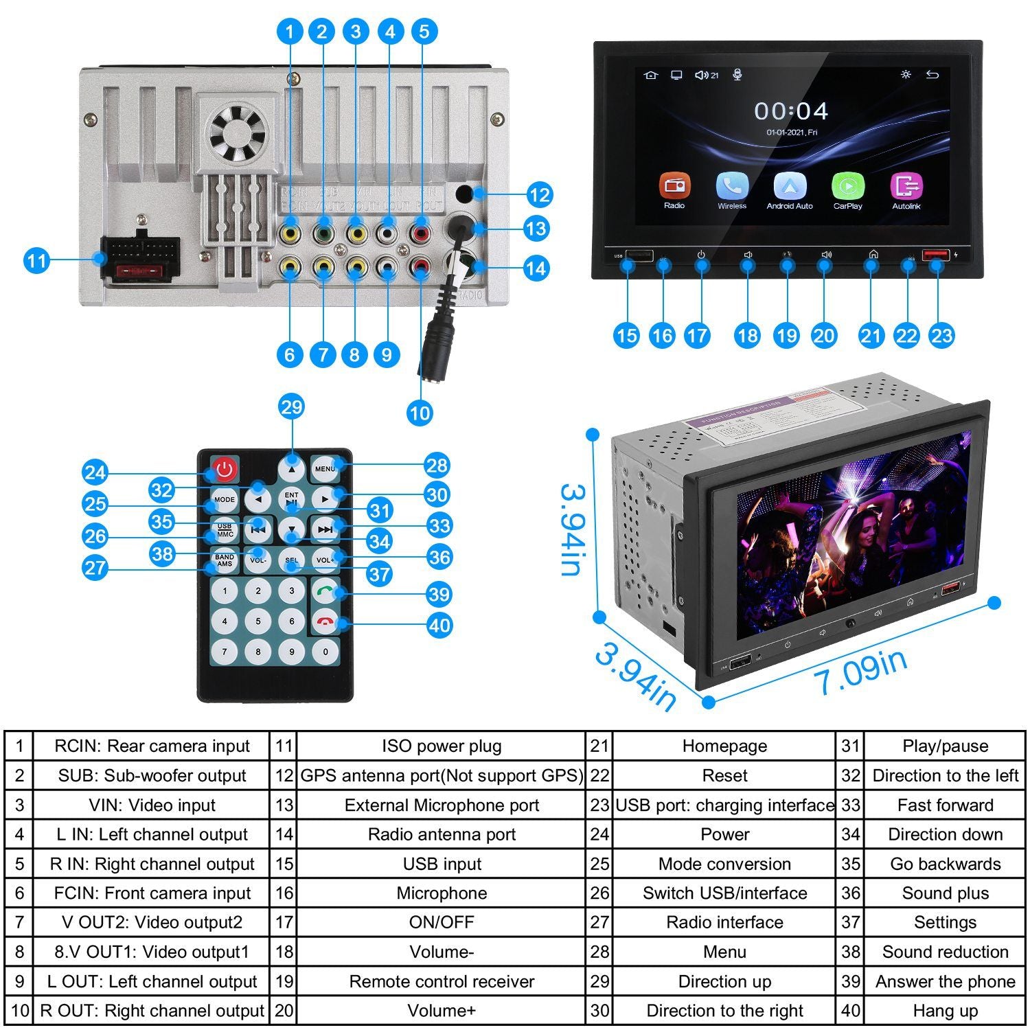 Car stereo receiver with 7-inch touchscreen display, remote control, and multiple input/output ports for easy connectivity and multimedia access, dimensions 3.94 x 7.09 inches.