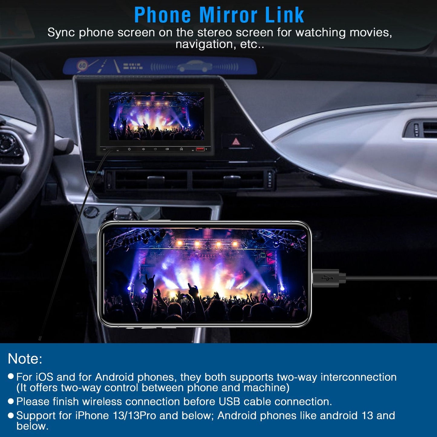 Car dashboard displaying a mirrored smartphone screen with a colorful concert scene for movie watching and navigation, featuring a USB connection.