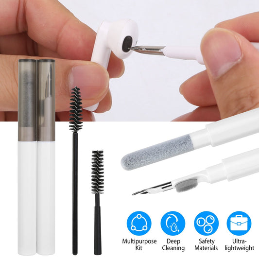AirPods cleaning kit featuring a person using a cleaning brush to remove dirt from the earbud, with multiple cleaning tools including brushes and a detailing pick, emphasizing deep cleaning and safety materials.