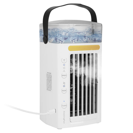 Portable mini air conditioner with a water tank, adjustable airflow settings, and a carrying handle, emitting cool mist.