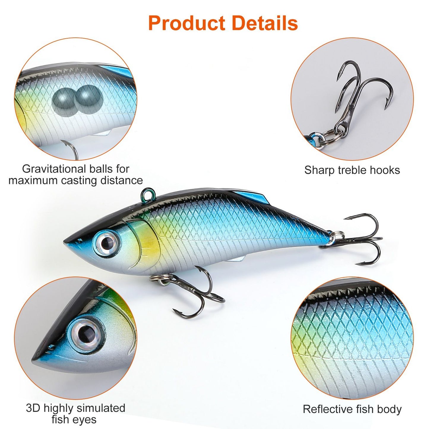 Realistic fishing lure with 3D fish eyes, sharp treble hooks, and gravitational balls for enhanced casting distance, featuring a reflective body design.