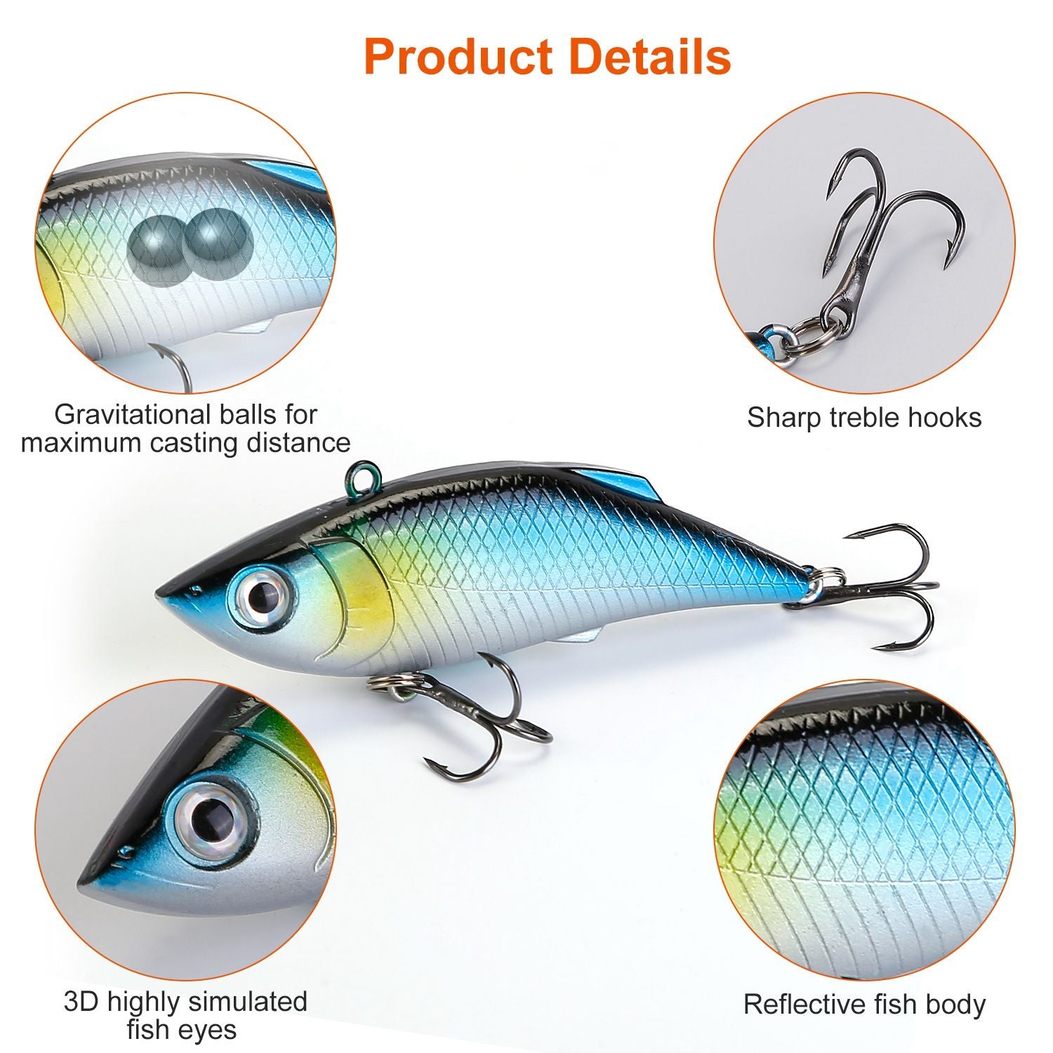 Realistic fishing lure with 3D fish eyes, sharp treble hooks, and gravitational balls for enhanced casting distance, featuring a reflective body design.