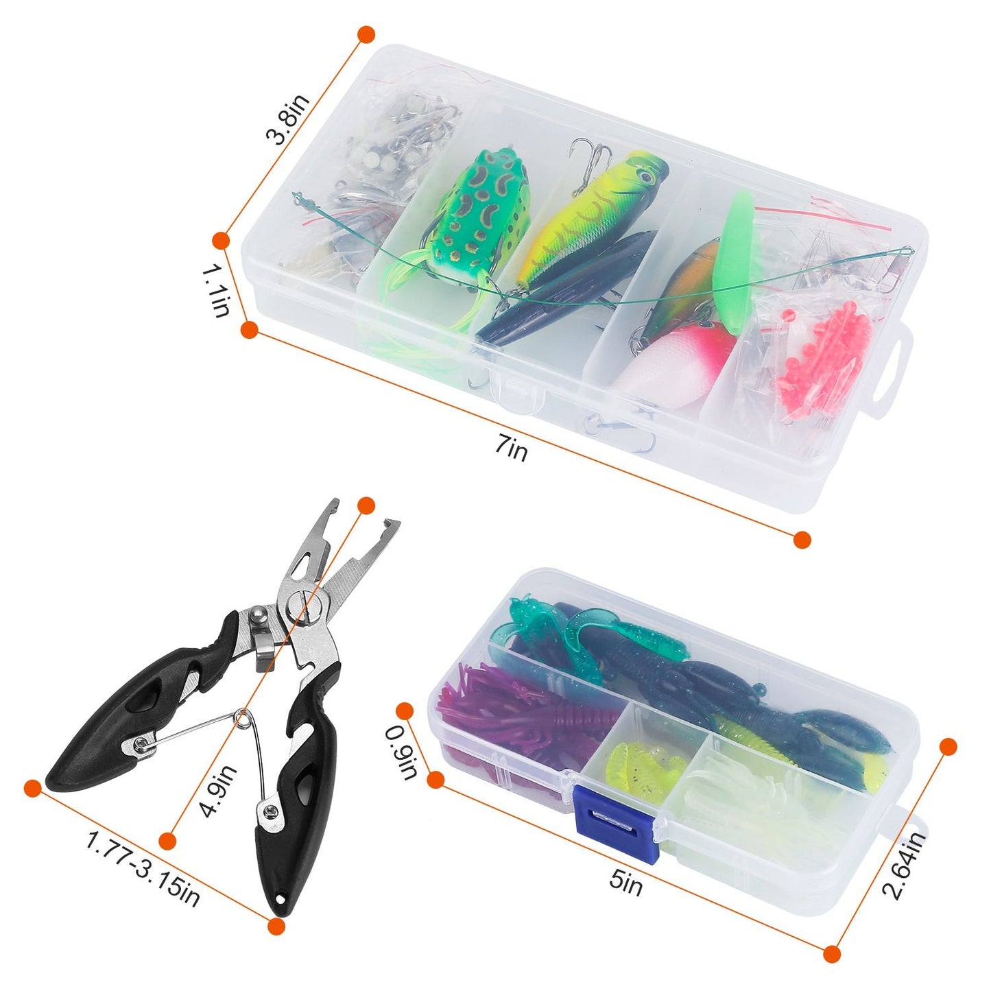 Fishing tackle box with assorted lures, hooks, and accessories, alongside a multi-functional fishing tool, ideal for anglers seeking organization and convenience.
