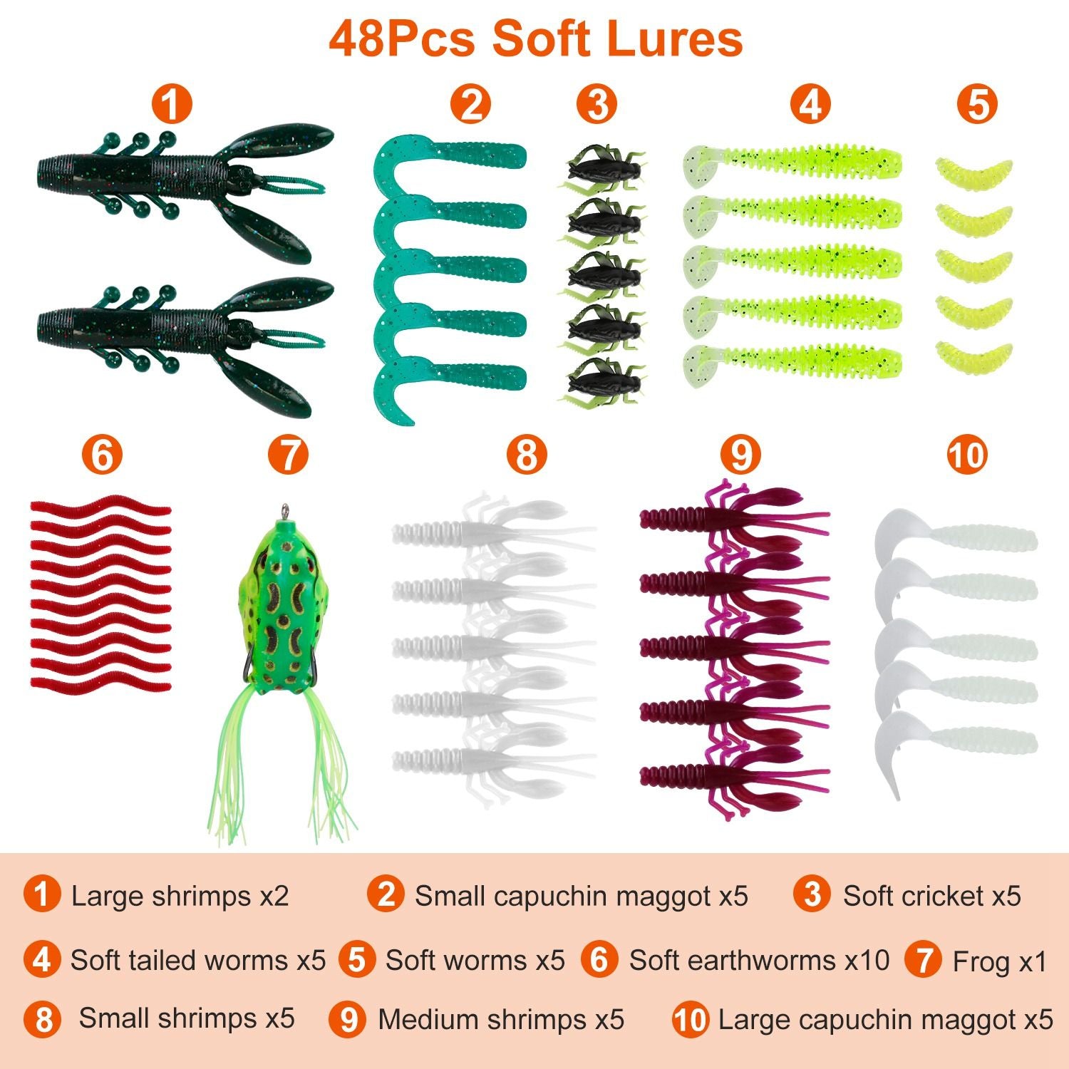 Colorful assortment of 48 soft fishing lures including various shrimp, worms, crickets, and frogs, designed for effective bait in freshwater fishing.
