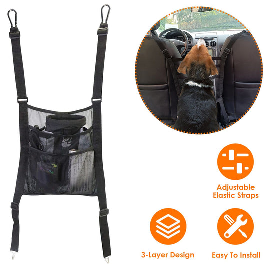 Adjustable car pet barrier with three-layer design and pockets, keeping dogs safe and organized during travel.