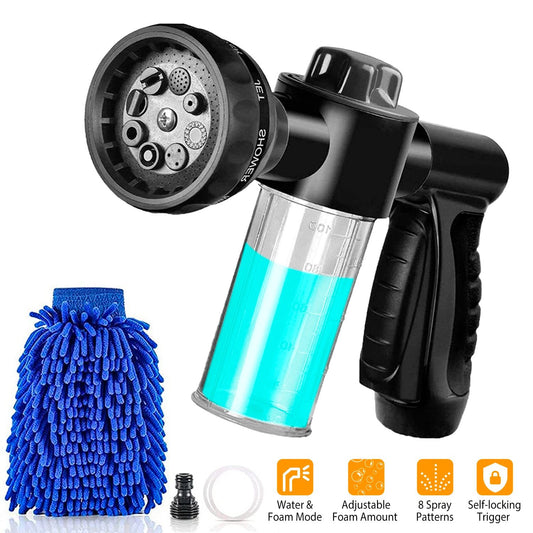 Adjustable foam gun with transparent reservoir, featuring eight spray patterns and a self-locking trigger, paired with a blue microfiber cleaning mitt, ideal for effective car washing and outdoor cleaning tasks.