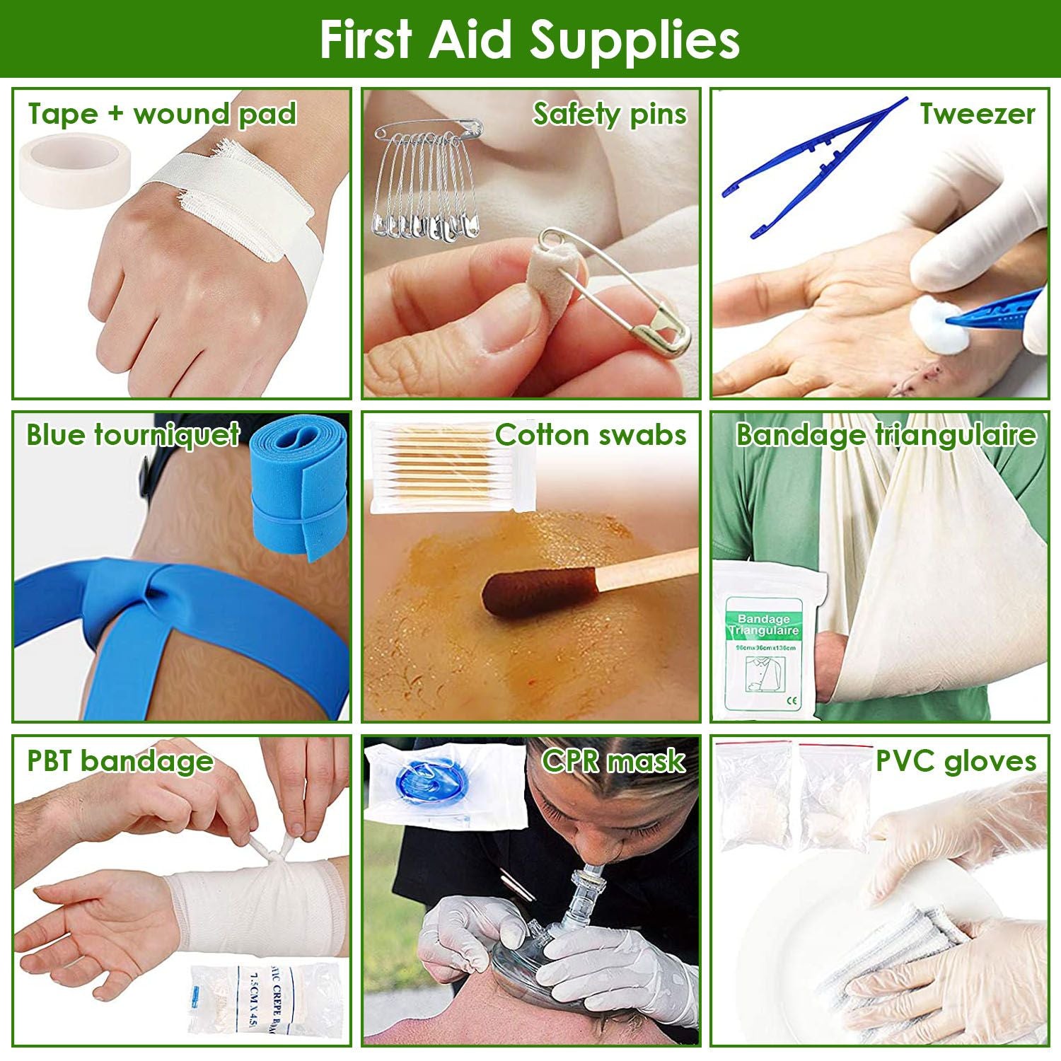 Grid of essential first aid supplies including tape and wound pad, safety pins, tweezers, a blue tourniquet, cotton swabs, triangular bandage, PBT bandage, CPR mask, and PVC gloves against a bright green background.