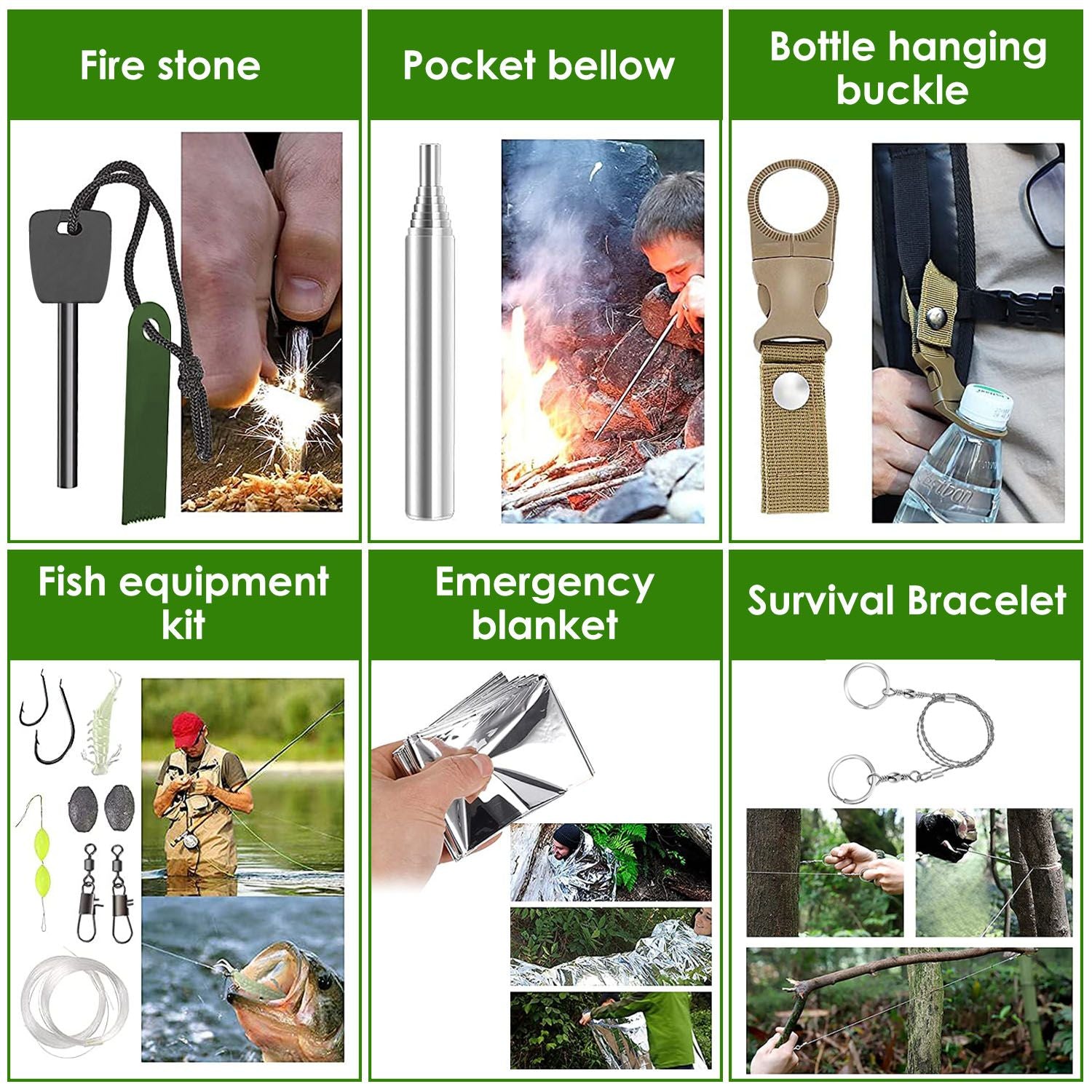 Survival gear kit with fire starter, pocket bellow for fueling fires, fish equipment kit including hooks and weights, emergency blanket for warmth, bottle hanging buckle for easy access, and survival bracelet with multifunctional use.