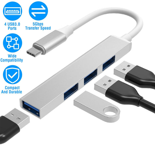 USB hub with four USB 3.0 ports, featuring a USB-C connector, compact design, and high-speed 5Gbps transfer capability, surrounded by two USB cables.