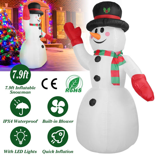 7.9ft inflatable snowman with a black hat, red scarf, and mittens, featuring built-in LED lights, waterproof design, and quick inflation for festive holiday decorations.