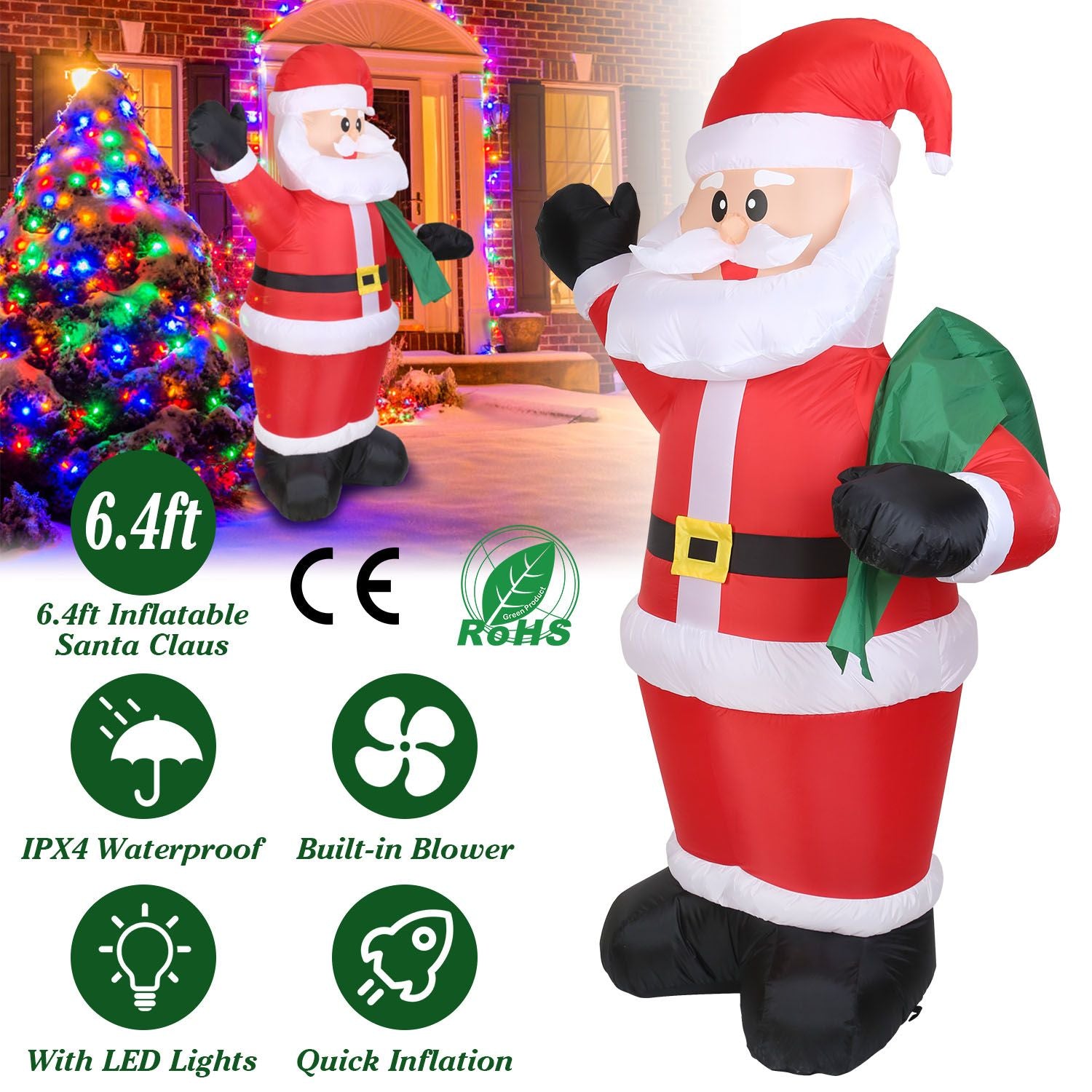 6.4ft inflatable Santa Claus decoration with LED lights, waterproof design, and built-in blower for quick inflation, set against a festive background with colorful holiday lights.