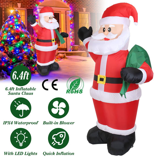 6.4ft inflatable Santa Claus decoration with LED lights, waterproof design, and built-in blower for quick inflation, set against a festive background with colorful holiday lights.