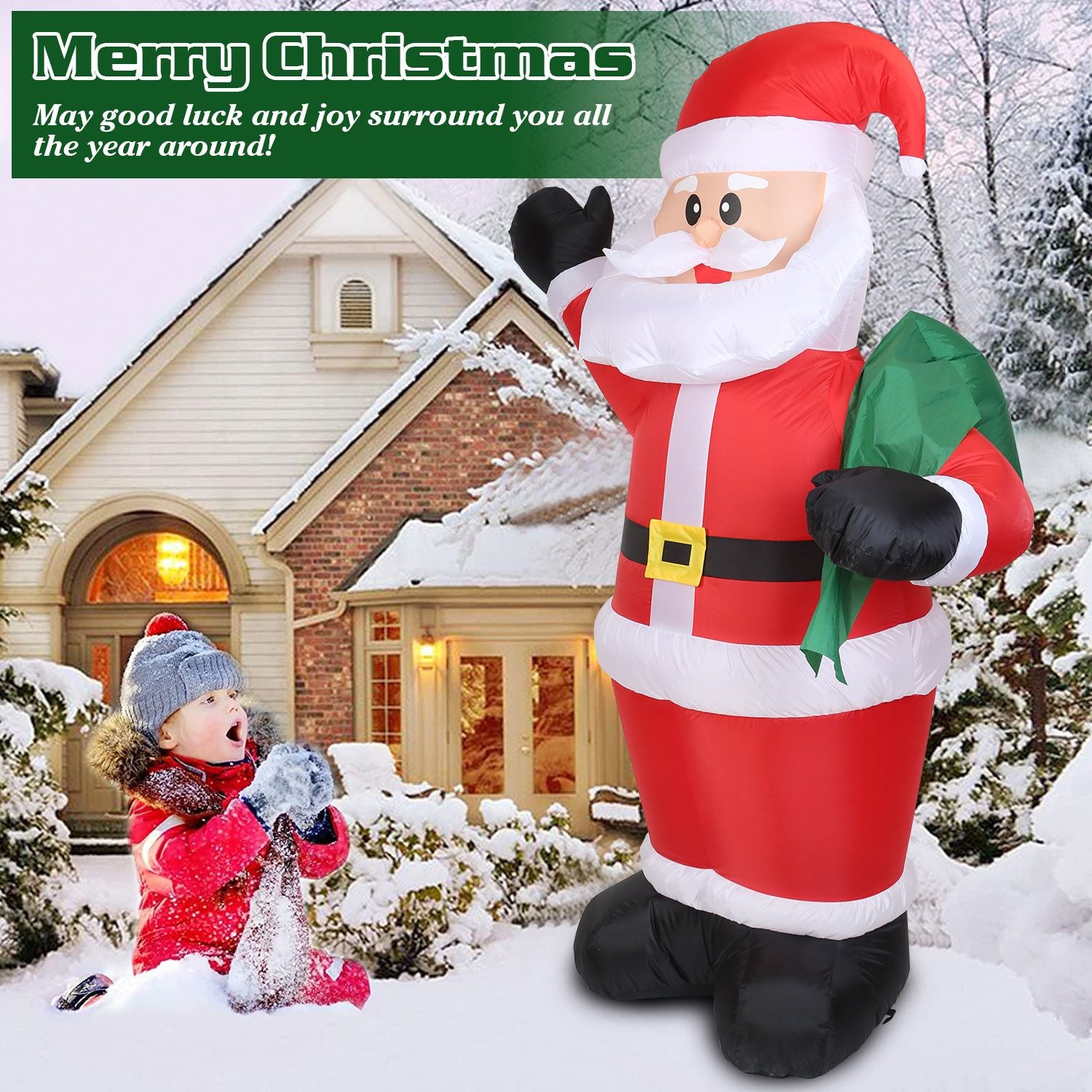 Inflatable Santa Claus decoration in snowy front yard, featuring a waving pose with a green gift bag, surrounded by a cozy winter scene and a child playing in the snow.