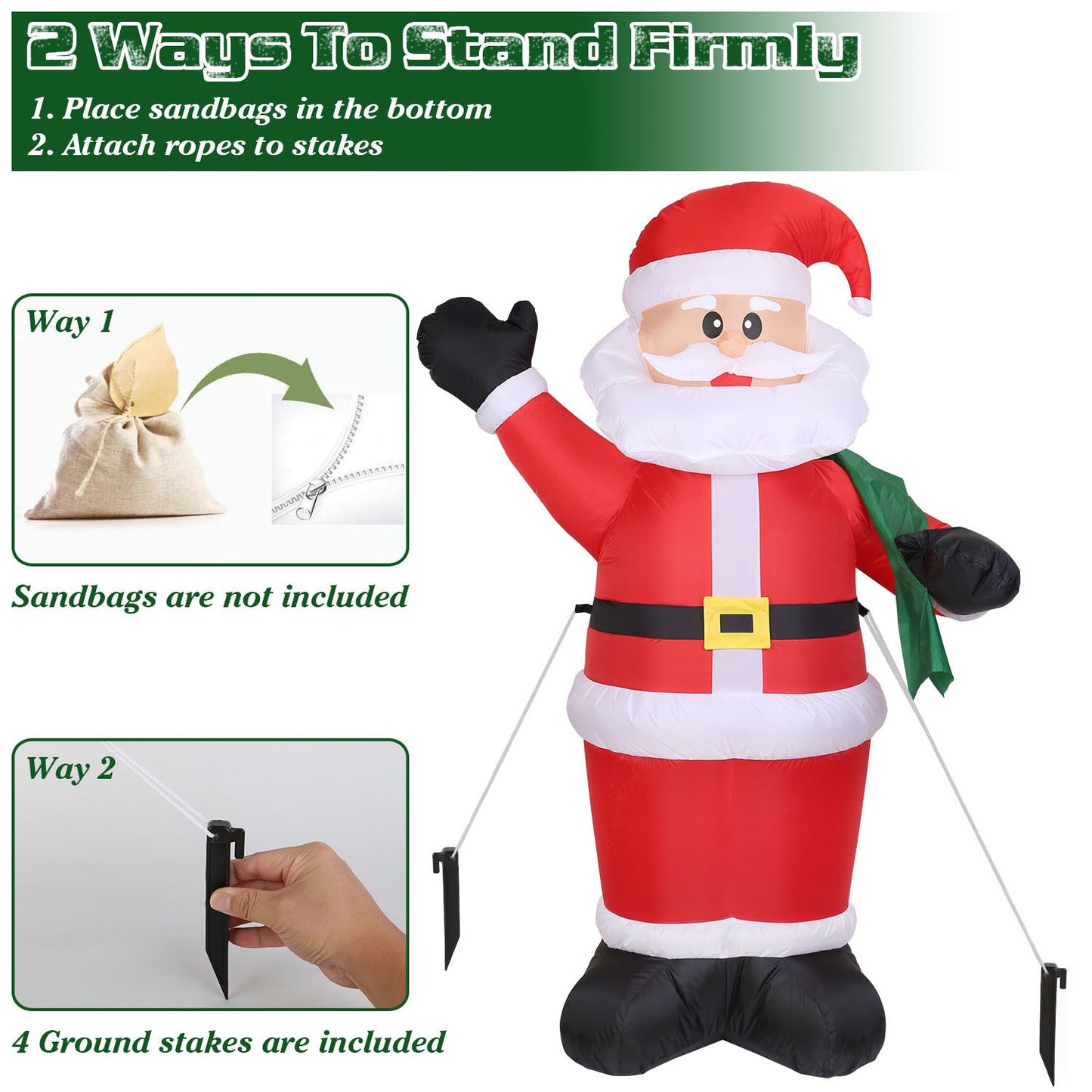 Inflatable Santa Claus decoration with instructions for securing it using sandbags or ground stakes for stability, ideal for festive outdoor displays.