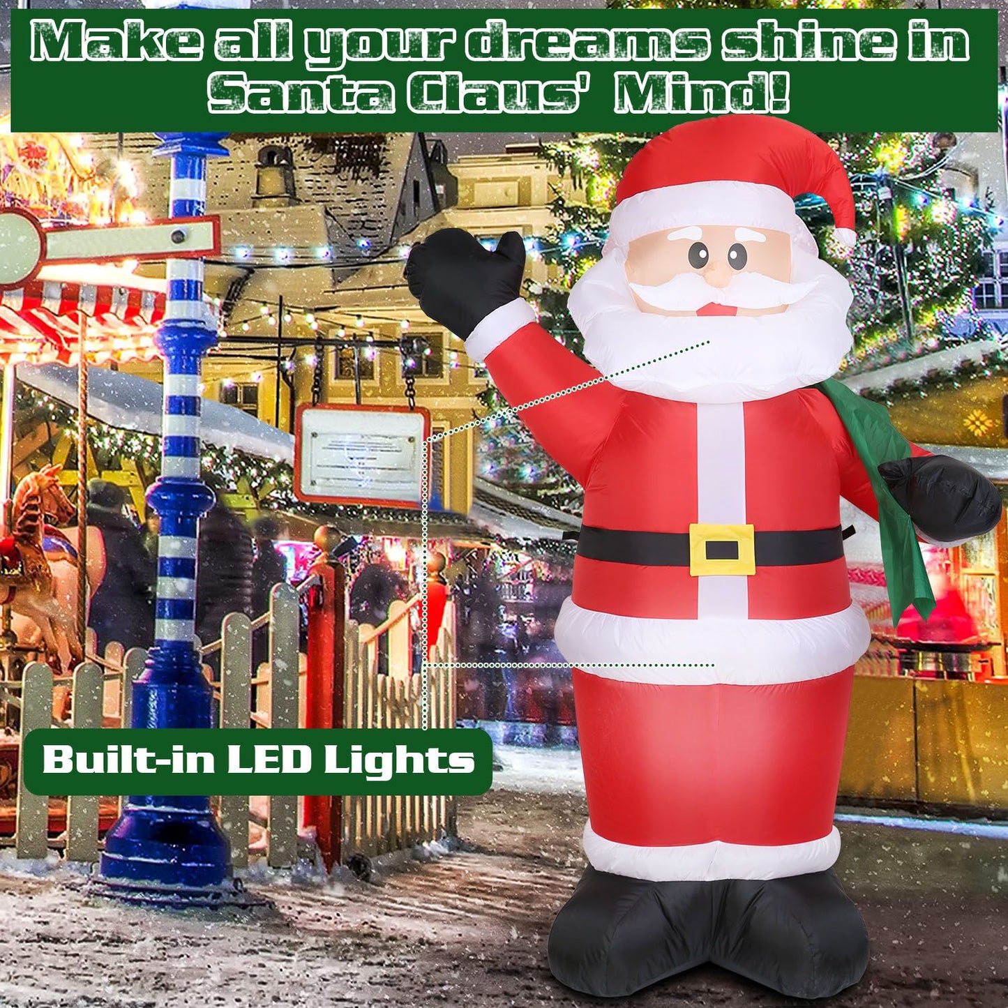 Inflatable Santa Claus decoration with built-in LED lights, festive red and white outfit, waving hand, set against a beautifully lit holiday backdrop.