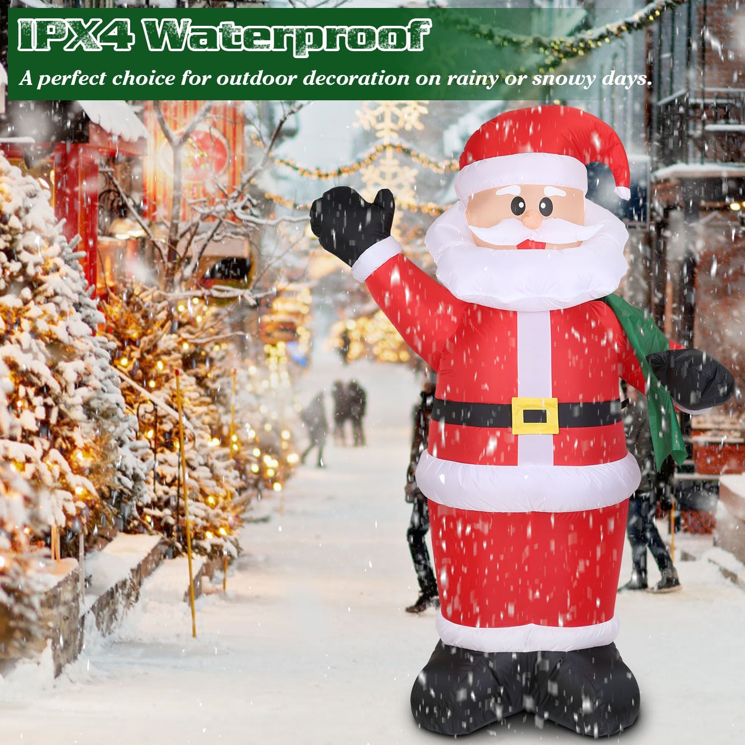 Inflatable Santa Claus decoration, IPX4 waterproof, perfect for outdoor holiday display in snowy or rainy weather, featuring a cheerful design with a waving hand and a green scarf.