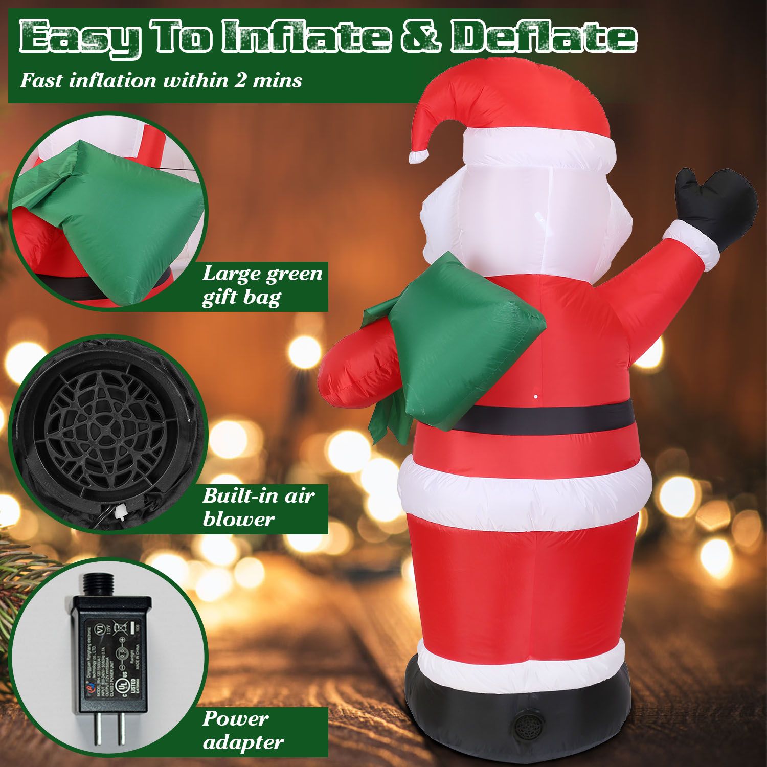 Inflatable Santa Claus with a large green gift bag, featuring a built-in air blower and power adapter for easy setup, against a festive bokeh background.