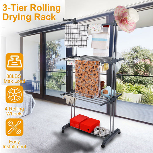 3-tier rolling drying rack with 88 lbs max load capacity, featuring 4 rolling wheels for easy mobility, designed for convenient installation and effective drying of clothes and towels indoors.