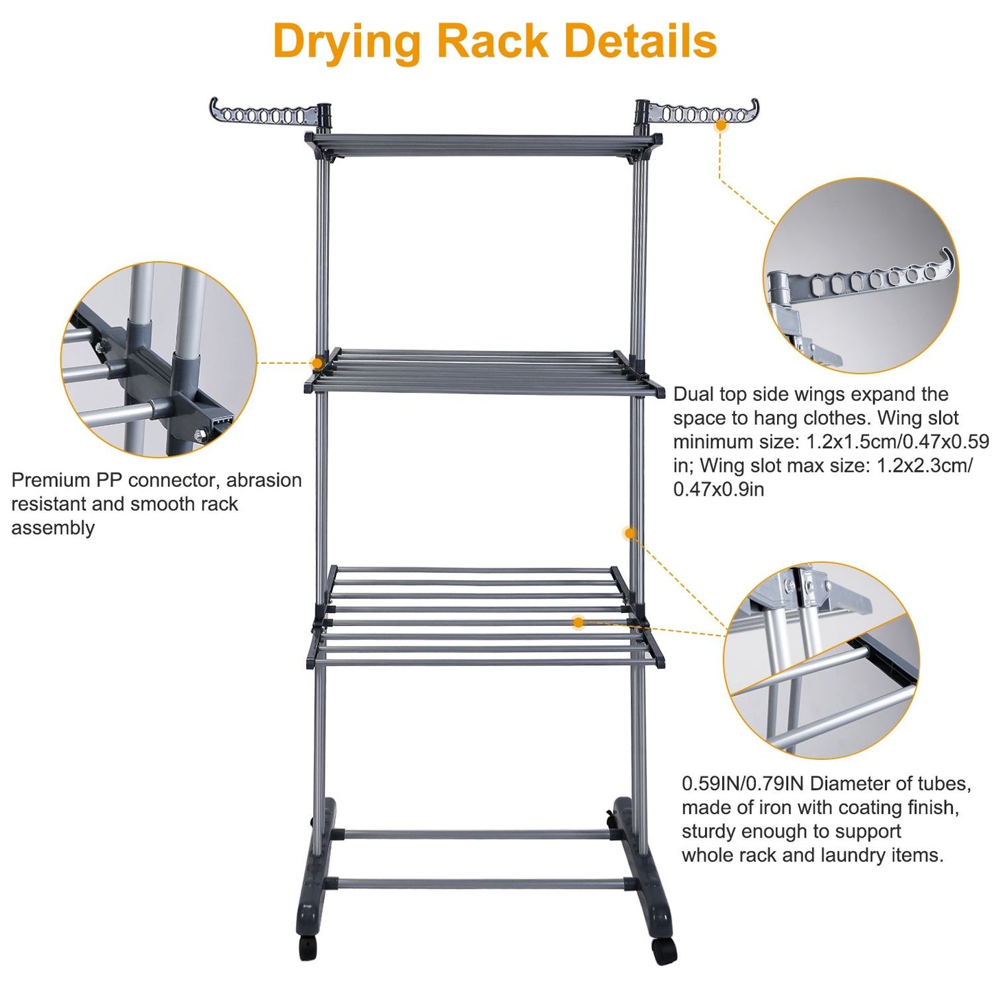 Multi-tier drying rack with adjustable side wings for hanging clothes, made of durable iron with a sleek coating, featuring premium connectors for easy assembly.