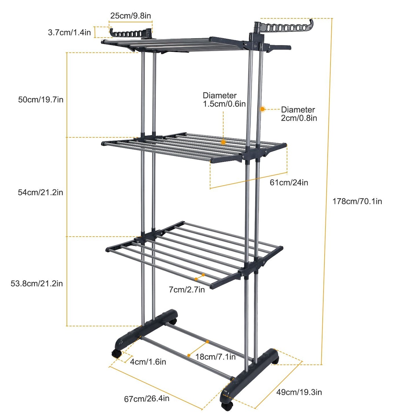 Adjustable multi-tier stainless steel drying rack with measurements, designed for efficient laundry drying and space-saving, featuring a sturdy construction and smooth-rolling wheels for easy mobility.