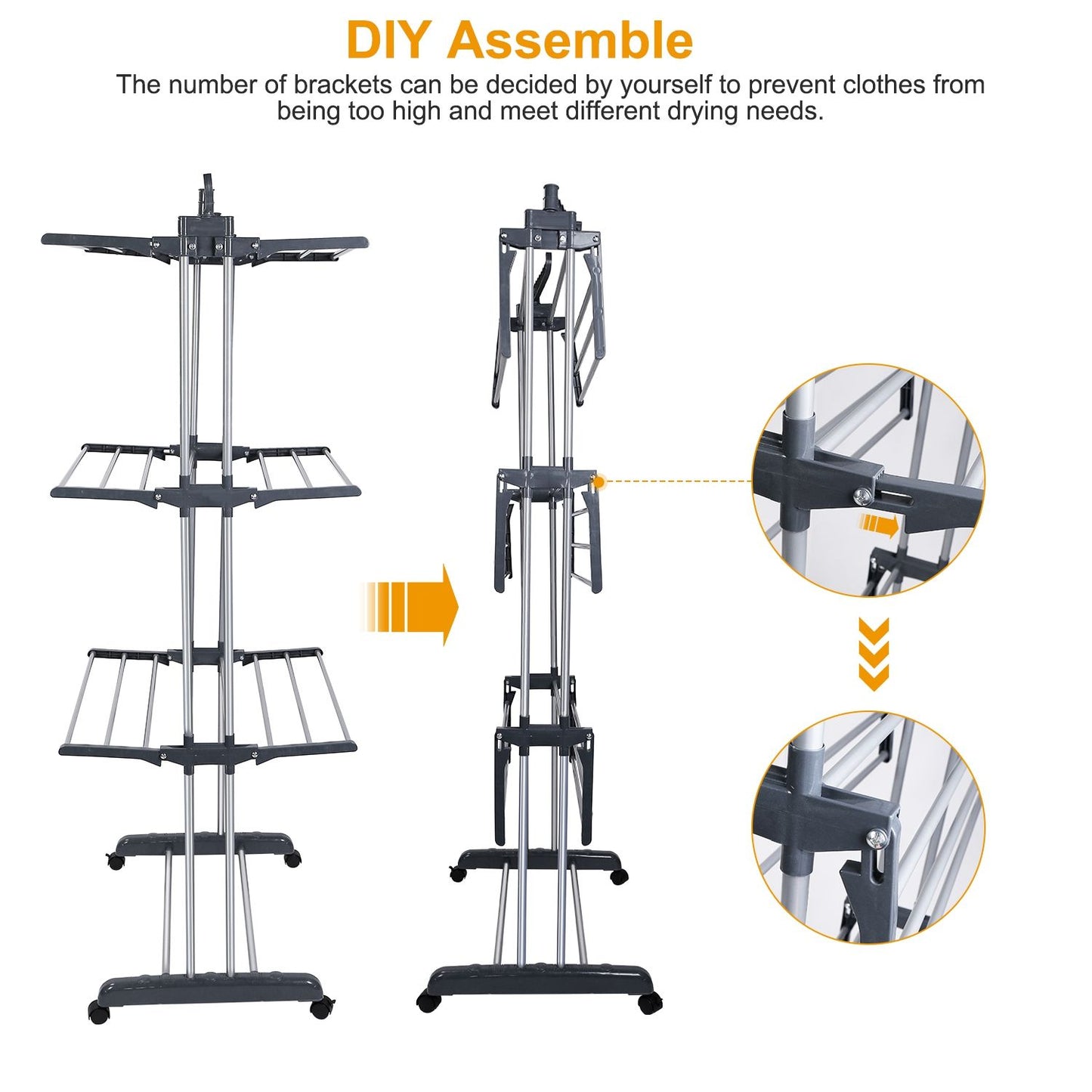 Adjustable DIY clothes drying rack with multiple brackets for customizable drying heights and rolling wheels for easy mobility.