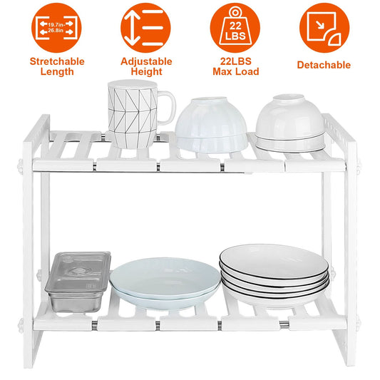 Adjustable two-tier kitchen shelf organizer in white, featuring stretchable length, removable design, and a maximum load capacity of 22 pounds, displayed with various dishes and cups.