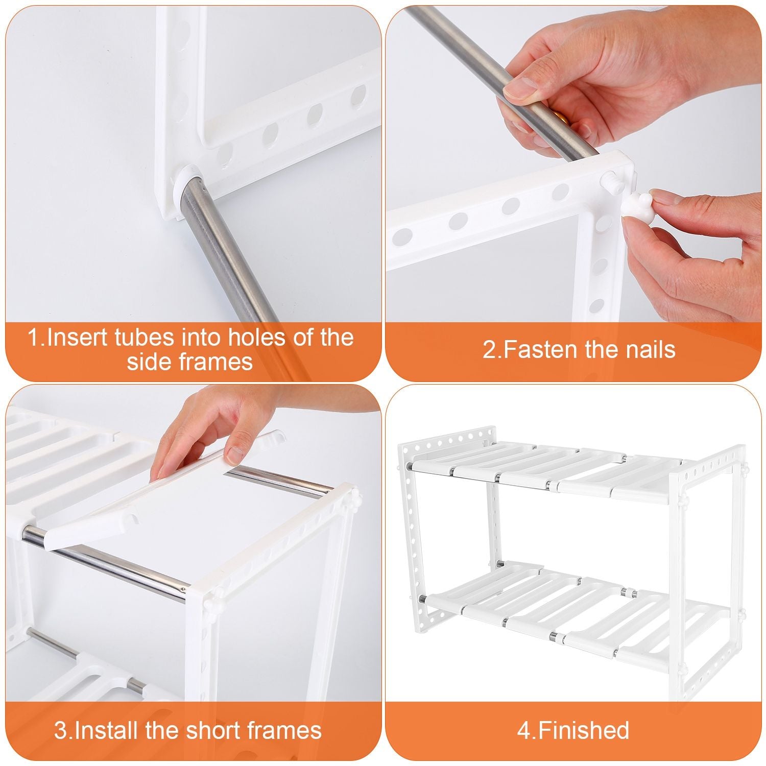 Step-by-step assembly guide for a white multi-tier storage shelf, showcasing the process of connecting components and final installation.