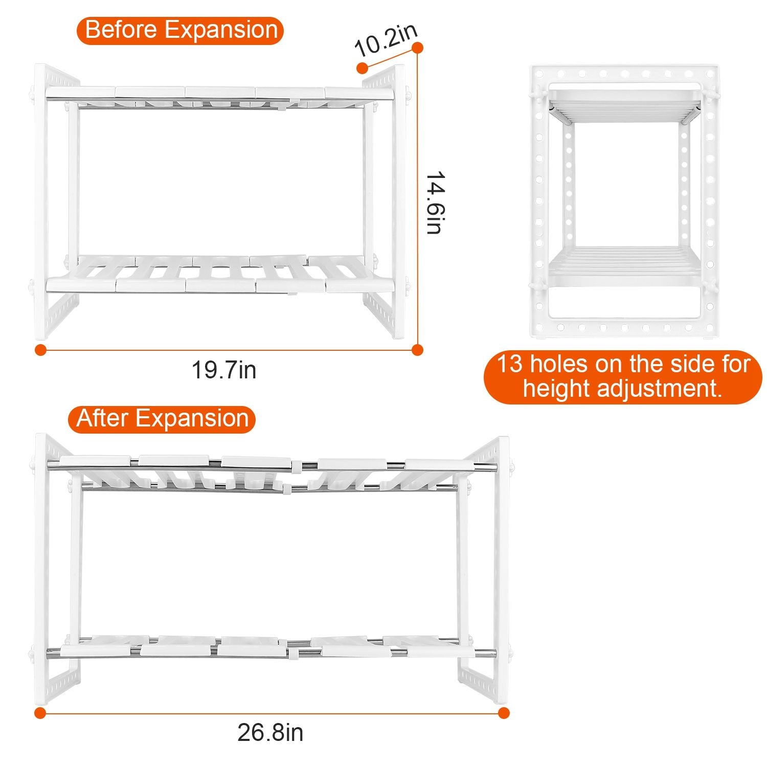 Adjustable two-tier kitchen shelf before and after expansion, showcasing dimensions of 19.7 in x 10.2 in x 14.6 in and 26.8 in, with 13 height adjustment holes.