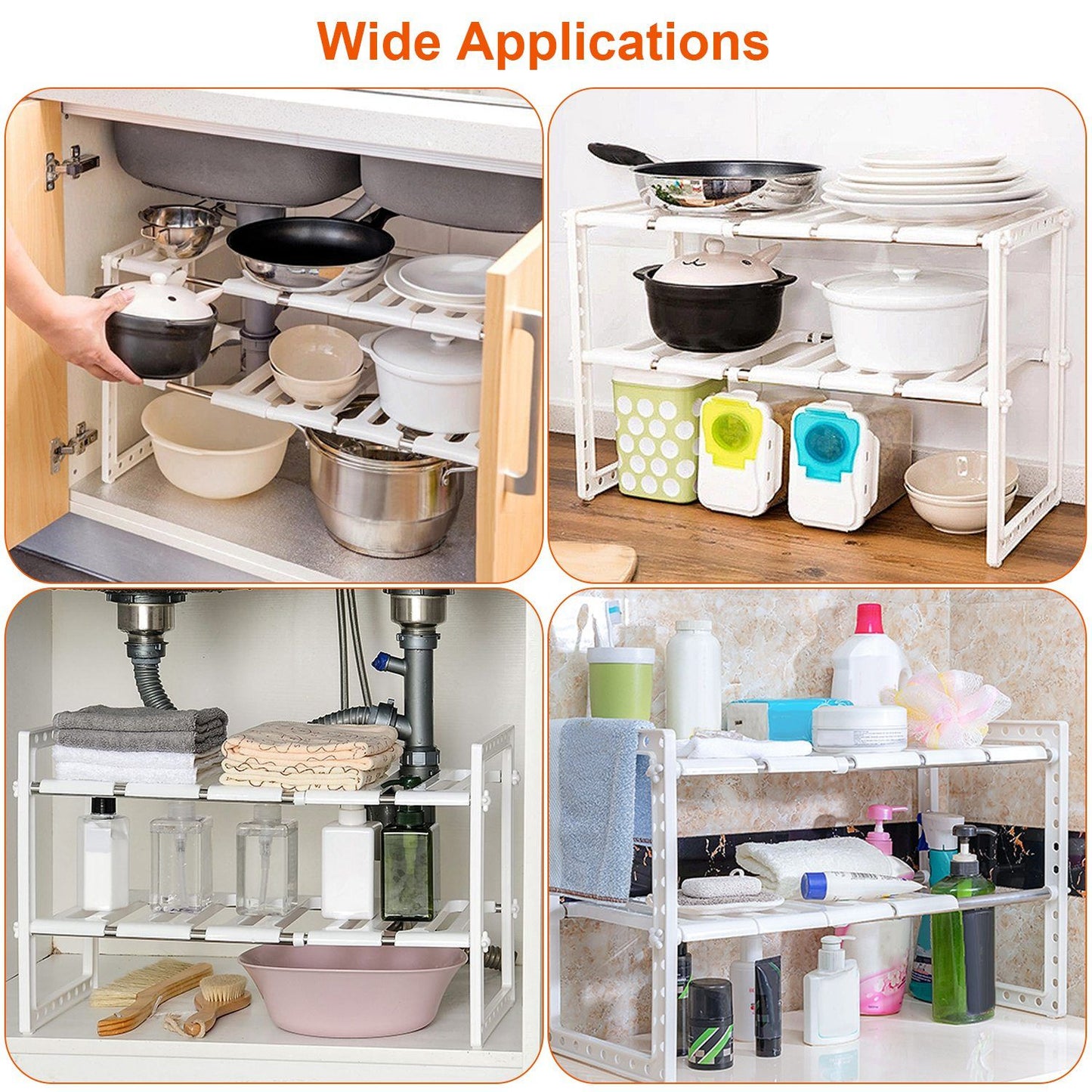 Multi-tiered storage shelf organizer used in various applications around the home, displaying pots, pans, dishes, and cleaning supplies in a clean, white design.