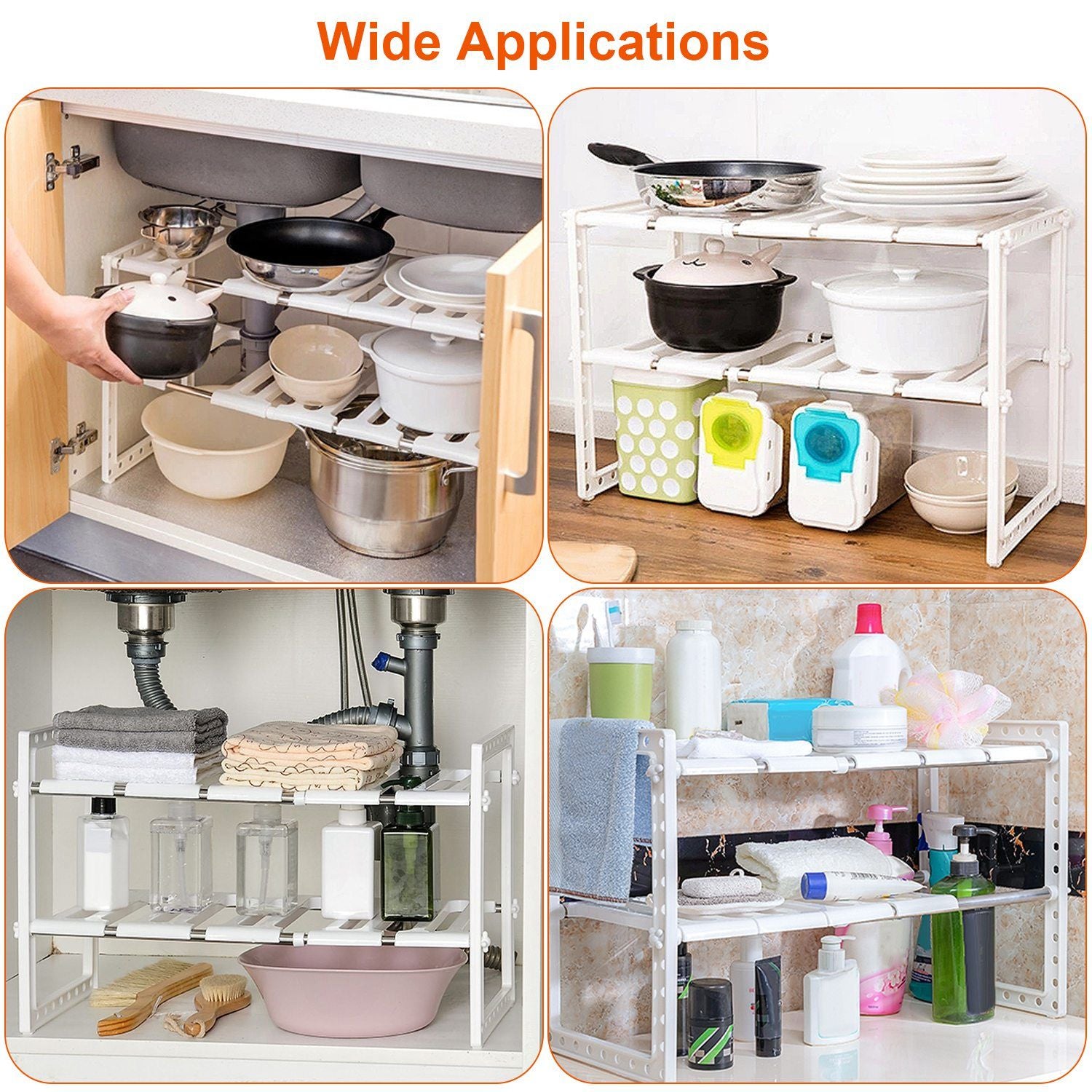 Multi-tiered storage shelf organizer used in various applications around the home, displaying pots, pans, dishes, and cleaning supplies in a clean, white design.