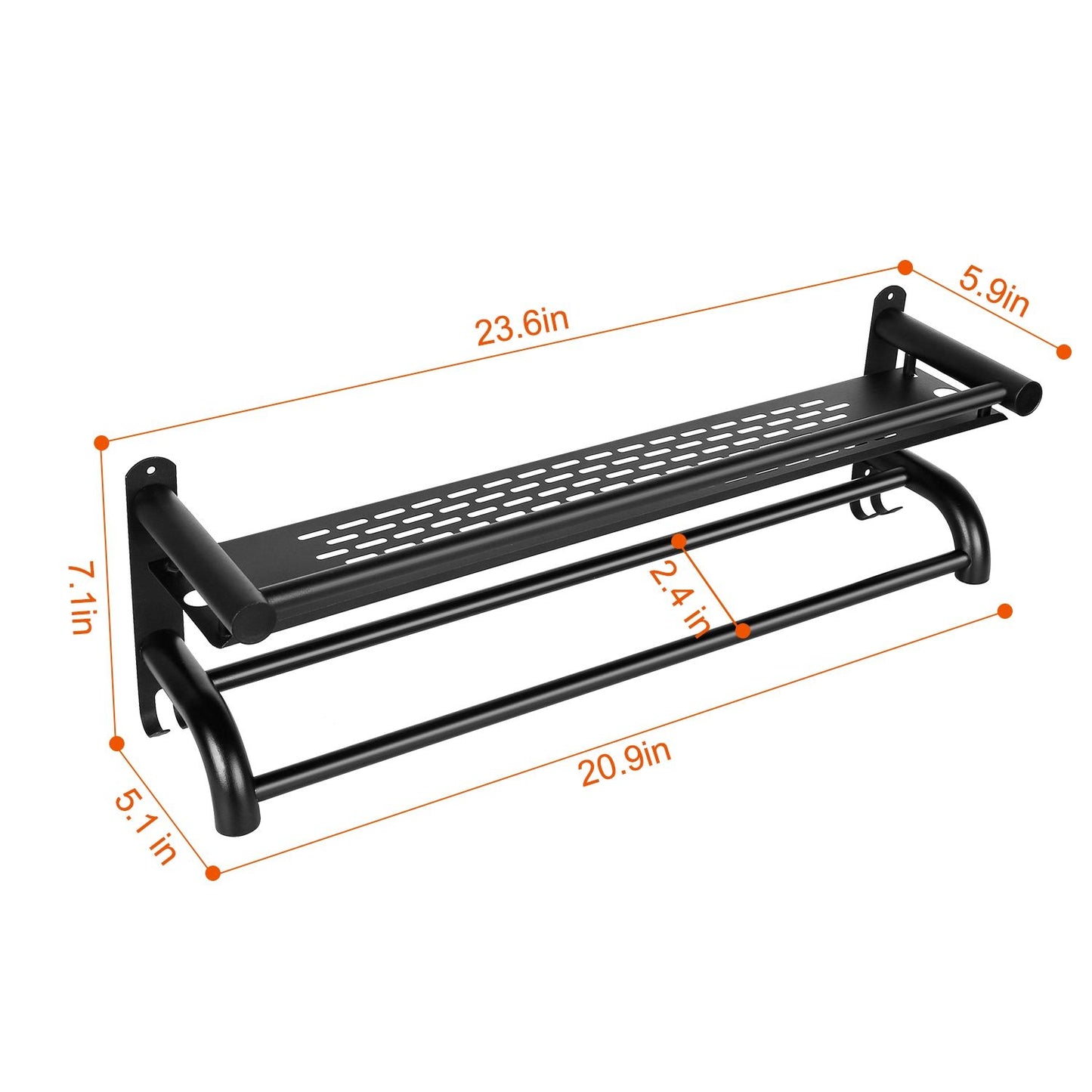 Black wall-mounted shoe rack with adjustable dimensions, featuring a perforated top and dual bars for additional storage, designed for efficient organization in small spaces.
