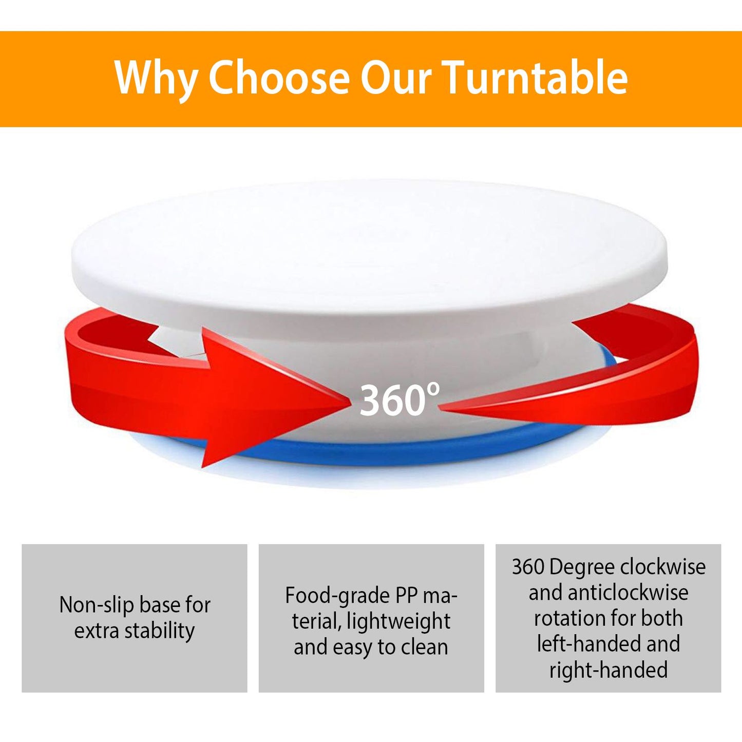 360-degree rotating turntable with non-slip base, made of food-grade PP material, lightweight, and easy to clean, suitable for both left-handed and right-handed use.