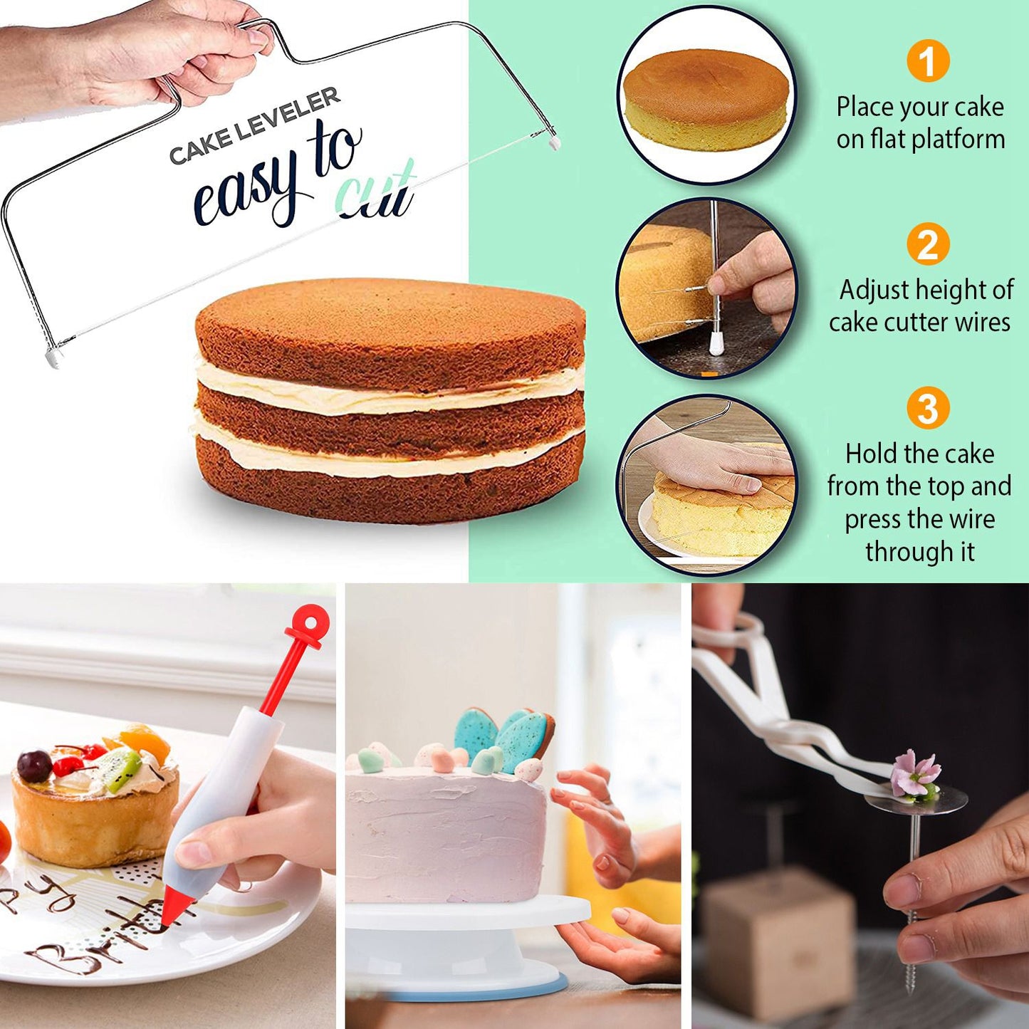 Image of a cake leveling tool with steps for usage, showcasing a leveled cake, a decorating pen, and cake decorating accessories, perfect for baking enthusiasts looking to create professional-quality layered cakes.