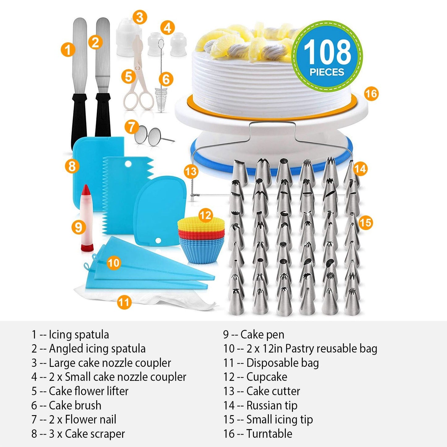 108-piece cake decorating set featuring spatulas, nozzles, couplers, flower nails, a turntable, and other essential tools for baking and decorating cakes.