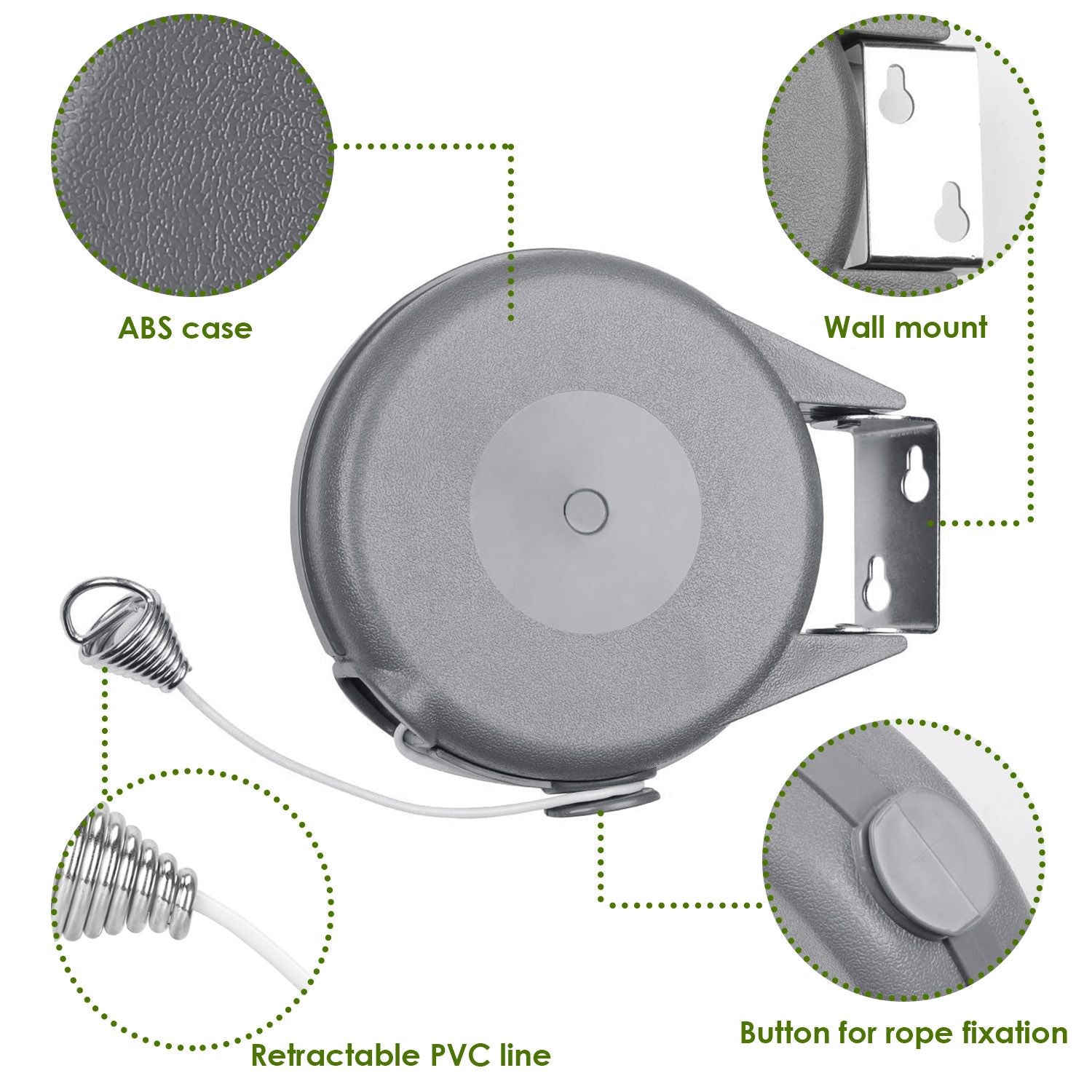 Retractable wall-mounted PVC line reel with ABS case, featuring a rope fixation button and labeled components for easy understanding.