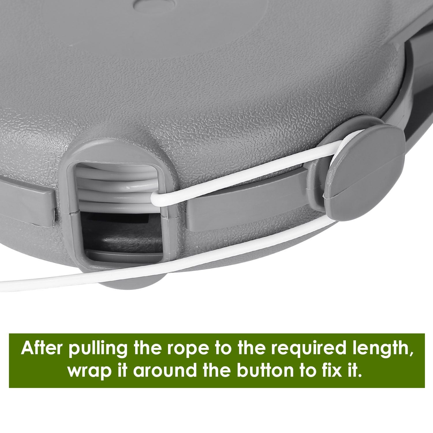Gray plastic rope reel with white rope, featuring an instructional text below that explains how to secure the rope after adjusting its length.