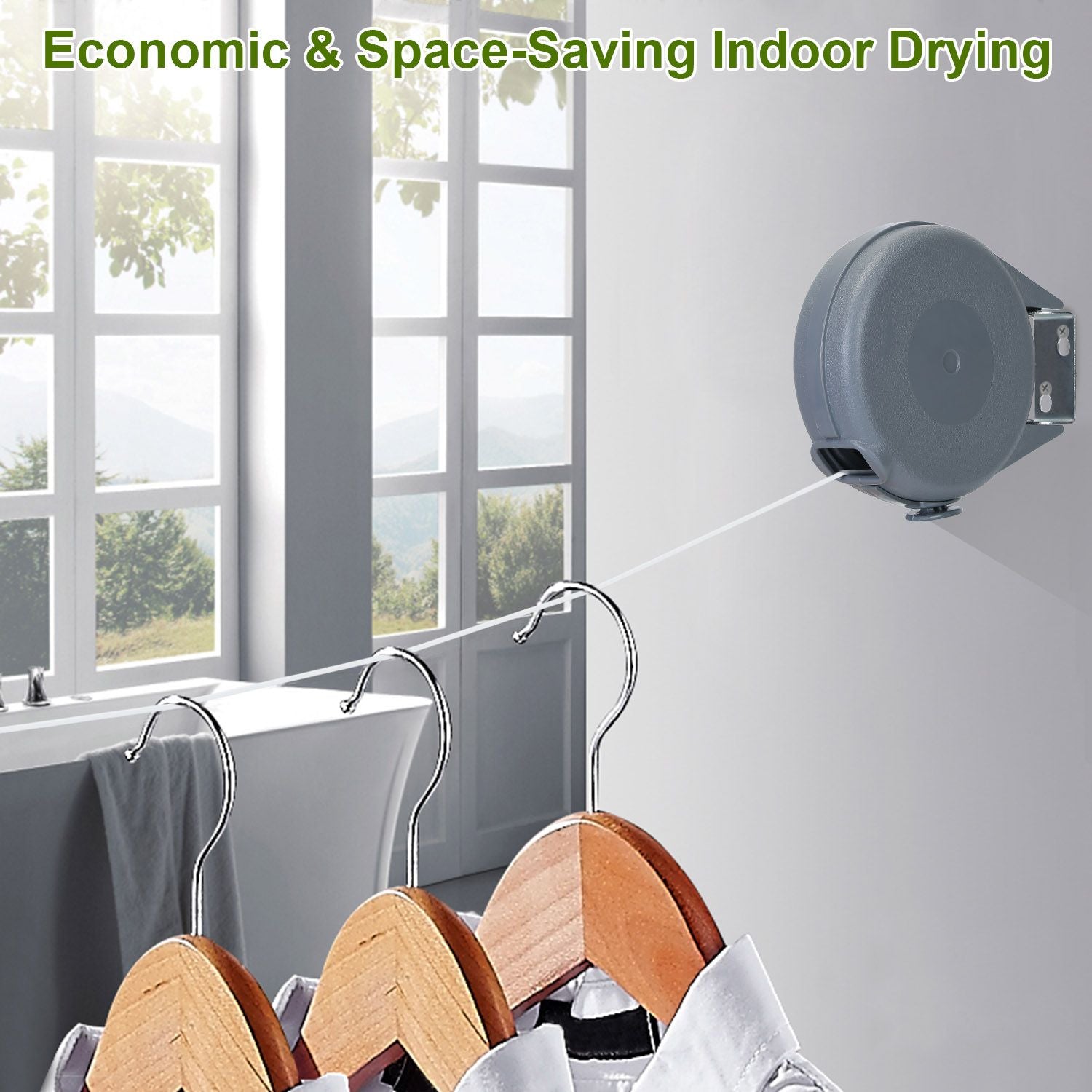 Indoor clothes drying system mounted on a wall, featuring a retractable line for space-saving drying, with wooden hangers displaying neatly hung garments against a bright window backdrop.