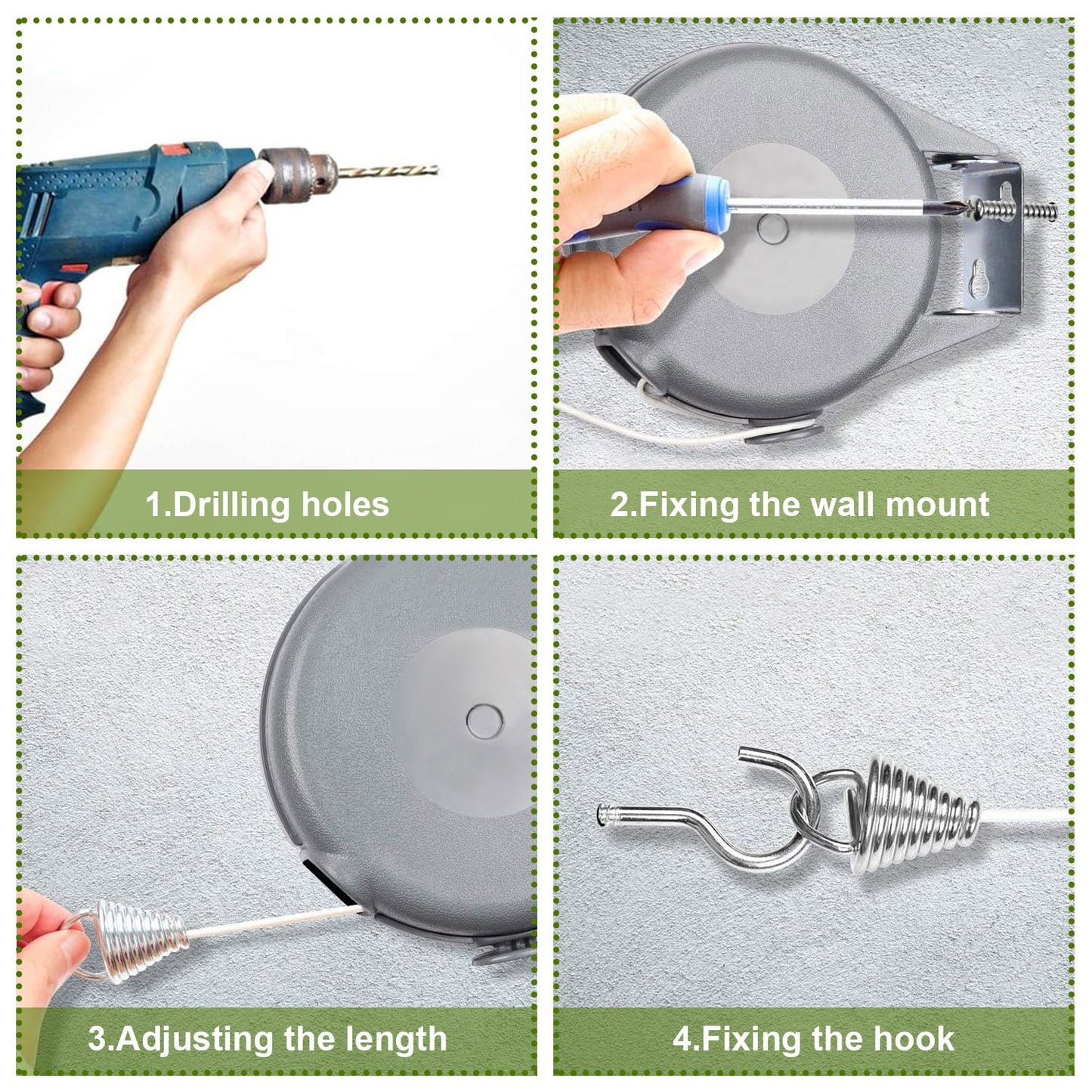 Step-by-step guide for installing a wall-mounted hook, featuring instructions for drilling holes, fixing the wall mount, adjusting the length, and securing the hook.