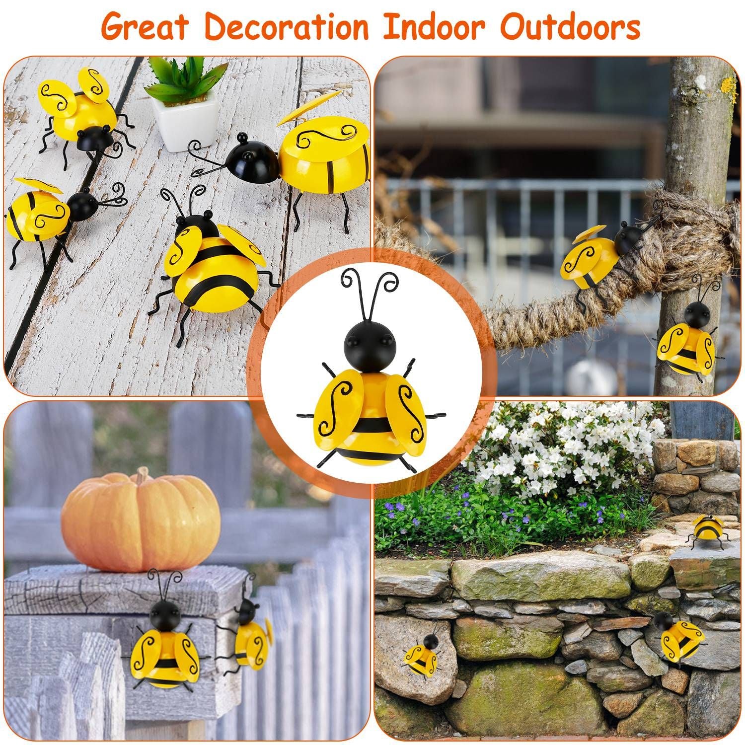 Colorful decorative bee figurines for indoor and outdoor use, featuring black and yellow design, ideal for gardens and home decor.