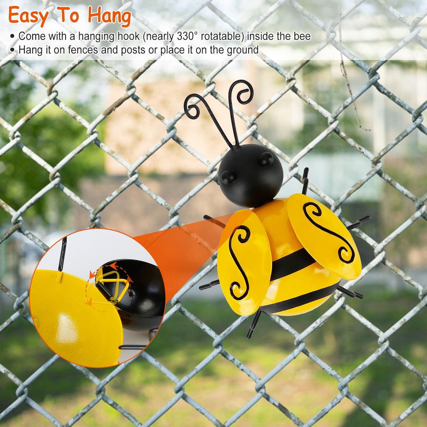 Colorful hanging bee decoration with rotatable hook, perfect for gardens or fences.