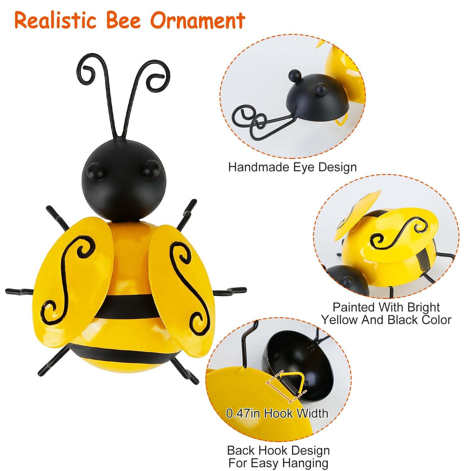 Realistic bee ornament featuring bright yellow and black colors, with a handmade eye design and a back hook for easy hanging.