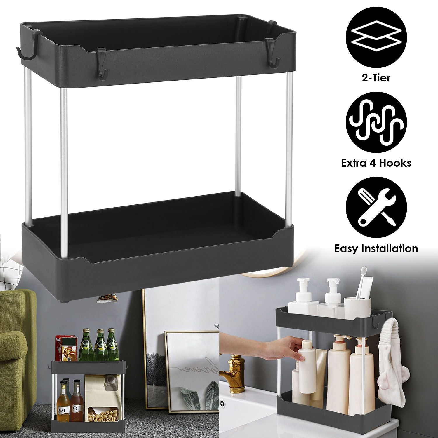 Two-tier black storage organizer with four extra hooks, designed for easy installation, ideal for bathroom or kitchen use, shown showcasing drinks and toiletries.
