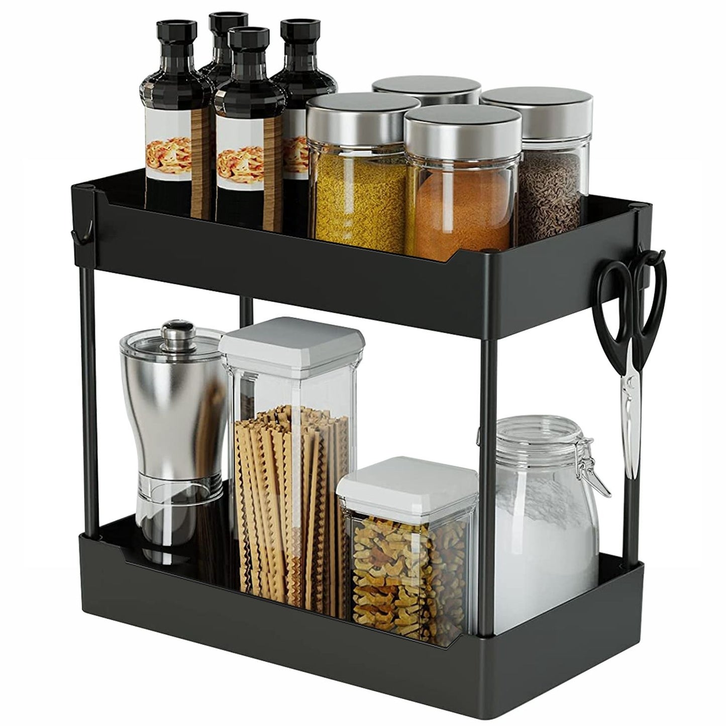 Black kitchen organization shelf with spice jars, oil bottles, and assorted food containers for easy food storage and access.