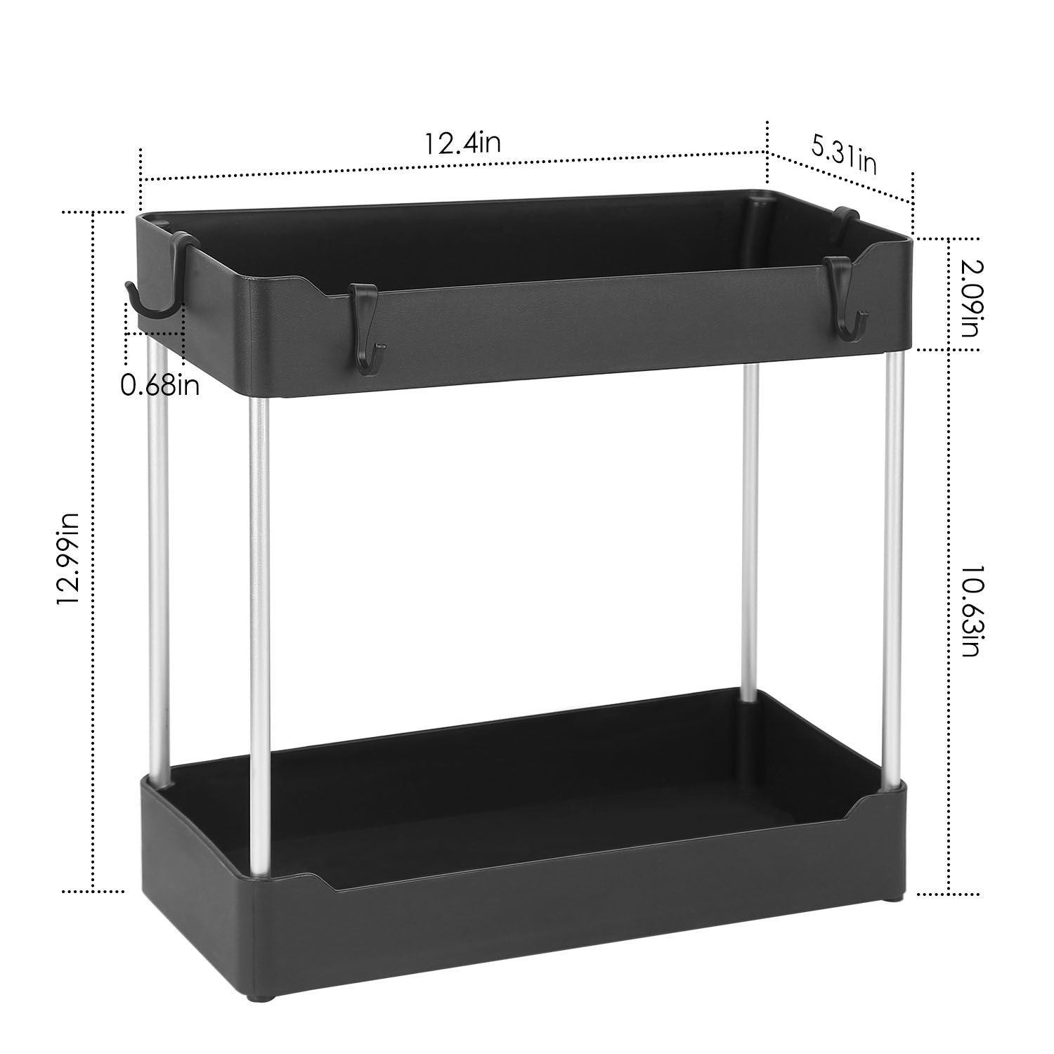 Black multi-tier storage cart with stainless steel legs, dimensions: 12.4in x 12.99in x 10.63in, ideal for organizing home or office items.